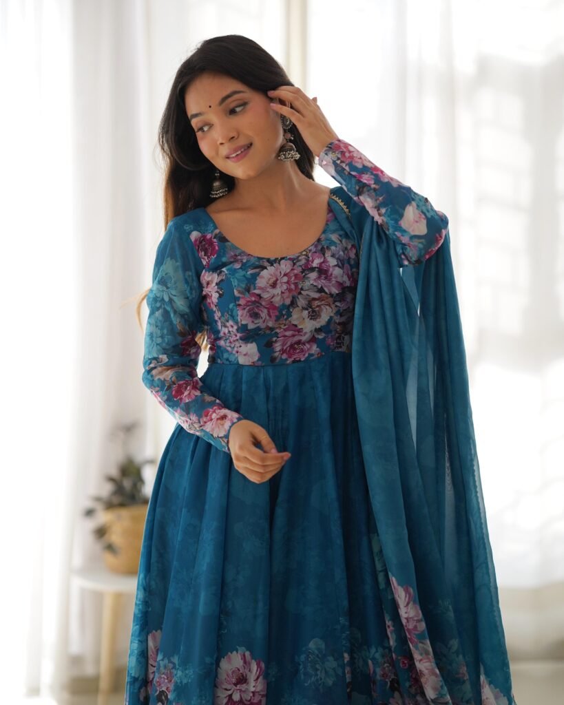Pure Soft Organa Silk Fabric Fully Flair Kali Pattern And Canvas Patta With Dupatta Set
